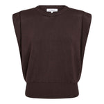 A dark brown sleeveless crewneck sweater with wide shoulder panels and a ribbed hem, shown against a plain white background.