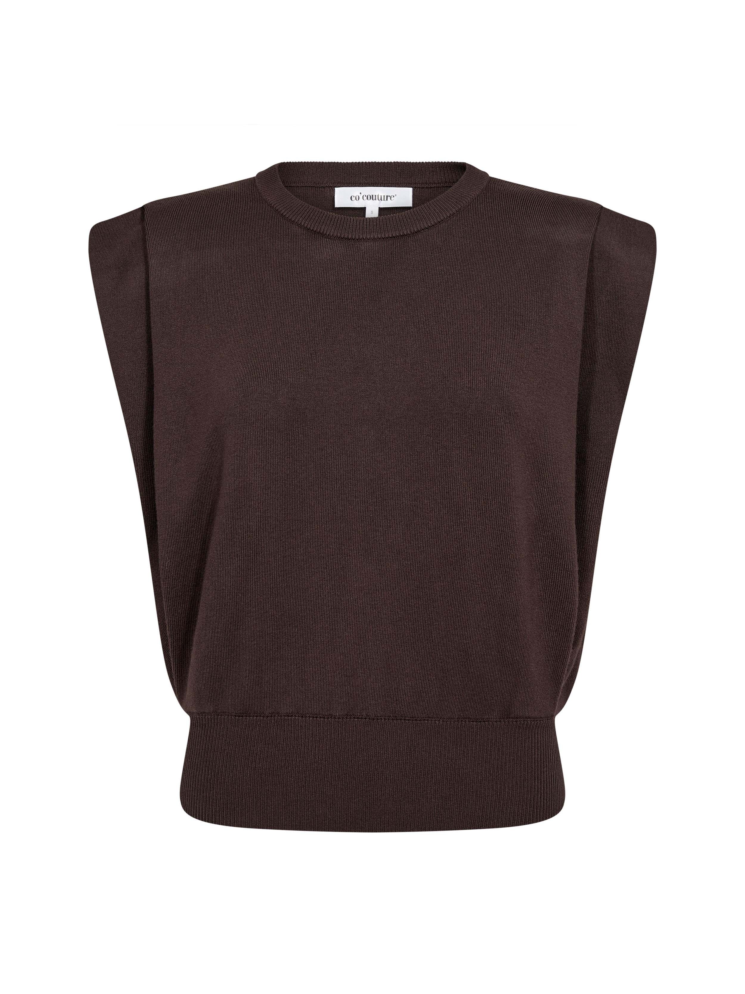 A dark brown sleeveless crewneck sweater with wide shoulder panels and a ribbed hem, shown against a plain white background.