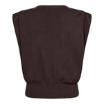 A dark brown ribbed knit sleeveless top or sweater vest shown from the back, featuring a wide shoulder cut and a ribbed hem, isolated on a white background.