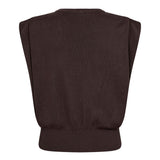 A dark brown ribbed knit sleeveless top or sweater vest shown from the back, featuring a wide shoulder cut and a ribbed hem, isolated on a white background.