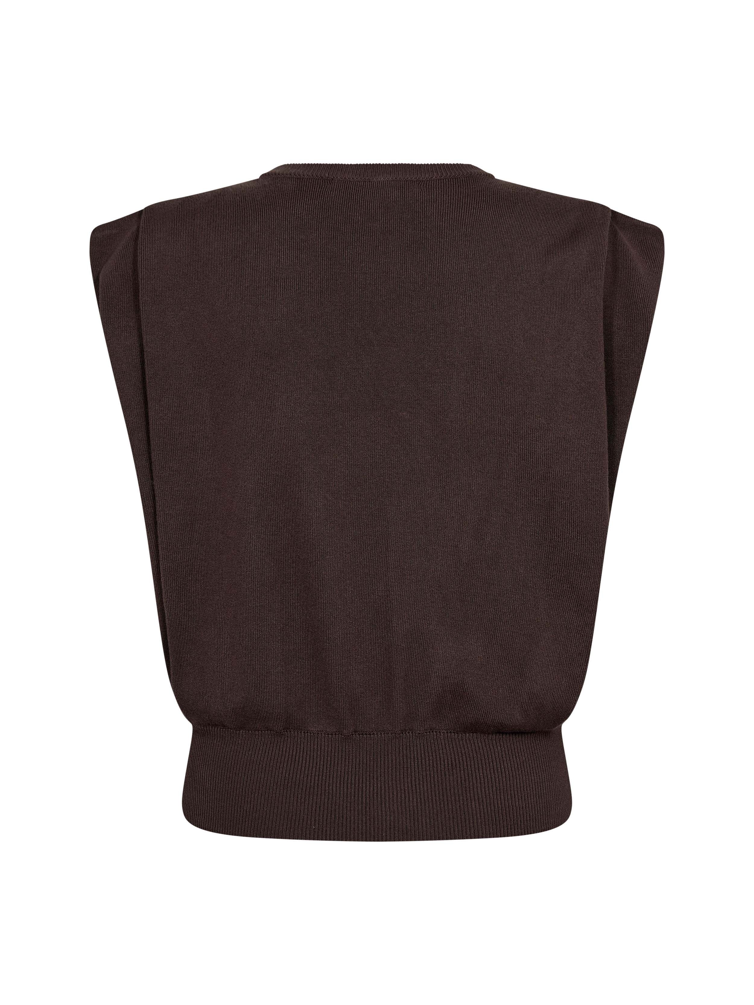 A dark brown ribbed knit sleeveless top or sweater vest shown from the back, featuring a wide shoulder cut and a ribbed hem, isolated on a white background.
