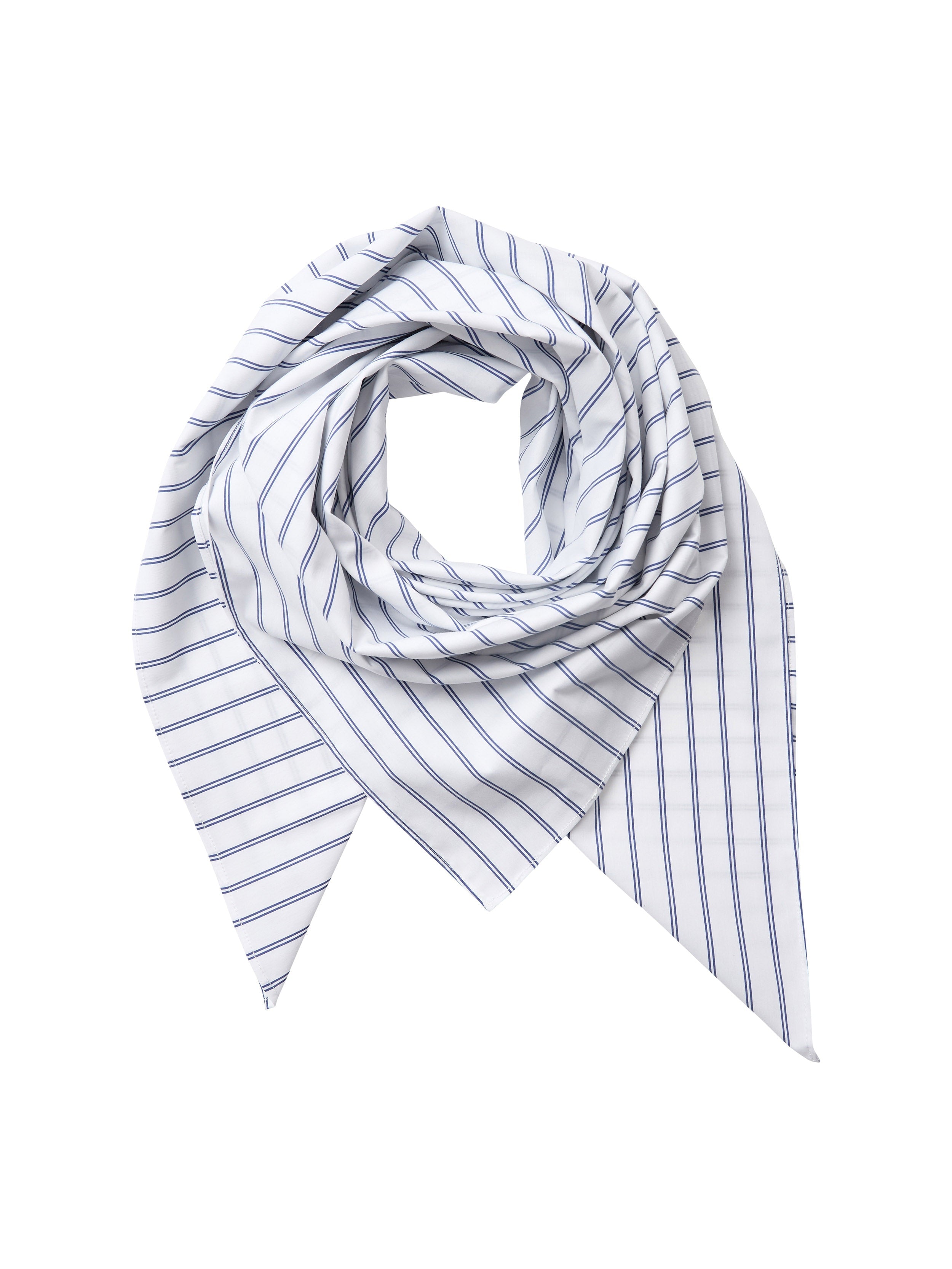 A lightweight scarf with a white base and thin vertical navy blue stripes, styled in a loose knot on a solid white background.