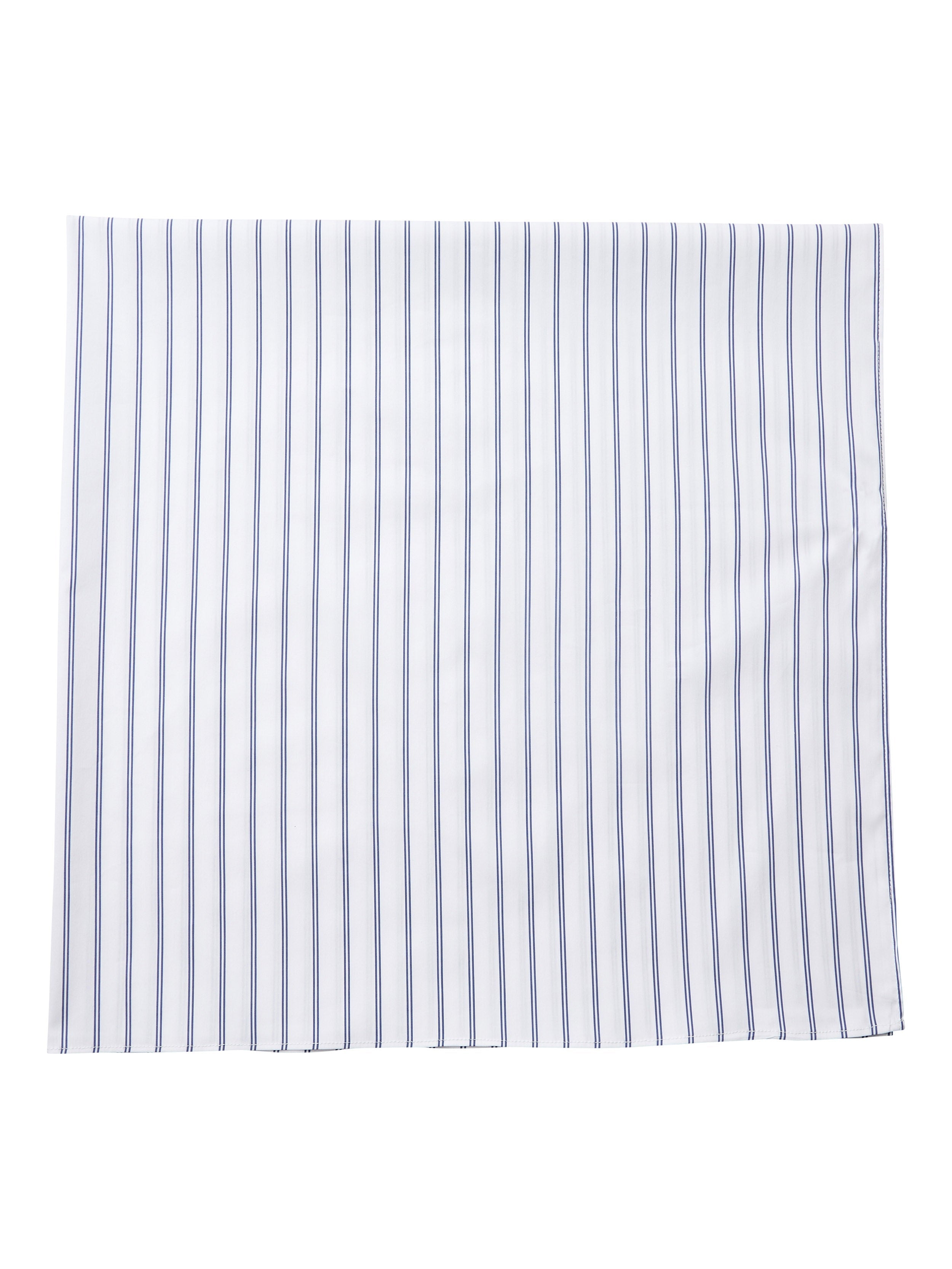 A square piece of fabric with a vertical pinstripe pattern in navy blue on a white background, laid flat against a clean white backdrop.